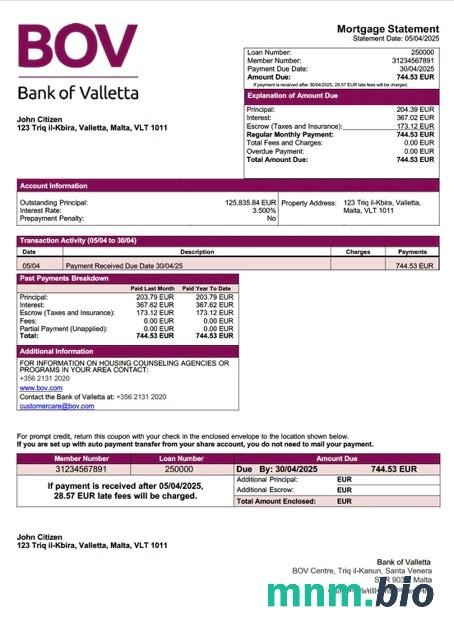 Malta Bank of Valletta wyciąg z kredytu hipotecznego szablon Word i PDF